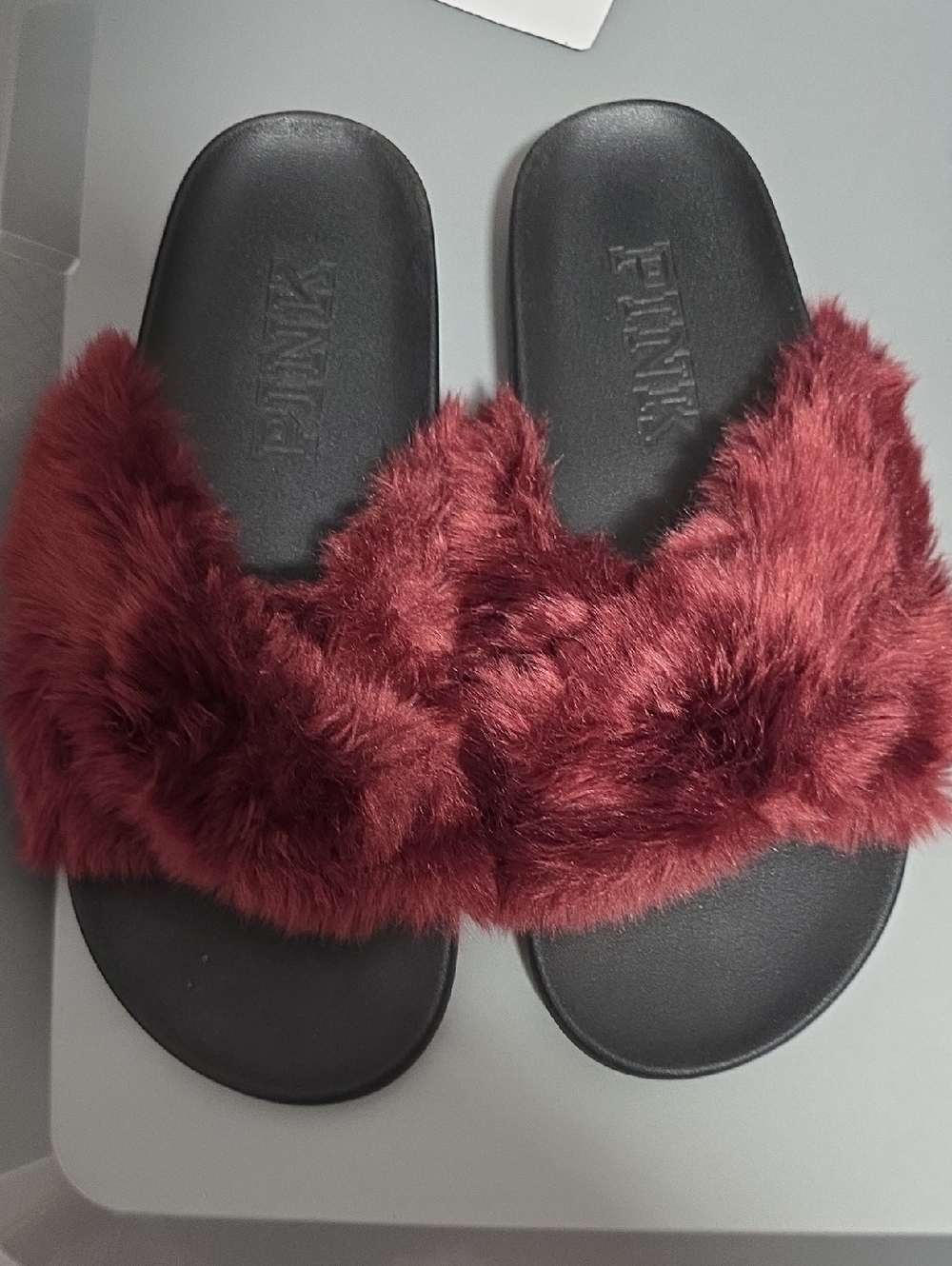 PINK Victoria's Secret Faux Fur Slide Sandals - Wine